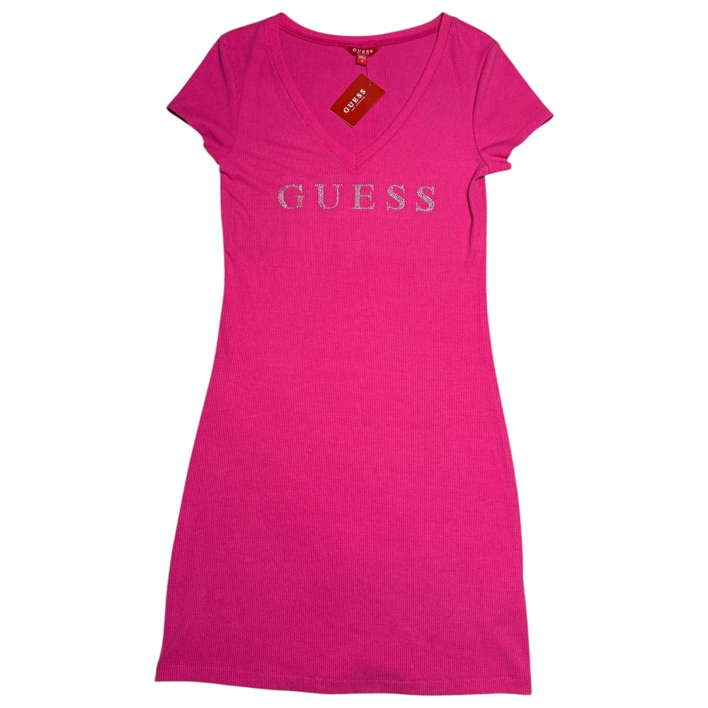New Guess Womens Hot Pink Ribbed V-Neck Rhinestone Logo Mini T-Shirt Dress M